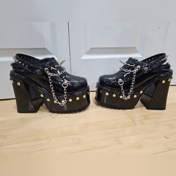 Dolls Kill Widow Black Silver Spiked Righteous Rebel Platform Mules Heels 8 9 - Picture 5 of 11
